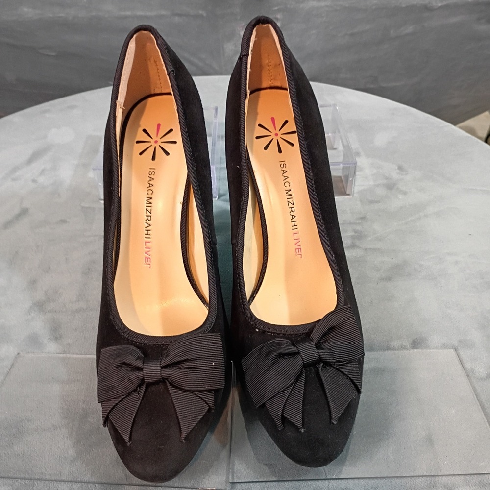 Isaac Mizrahi Live Womens Black Faux Suede Bow Round Toe Pumps Heels Size 8.5M